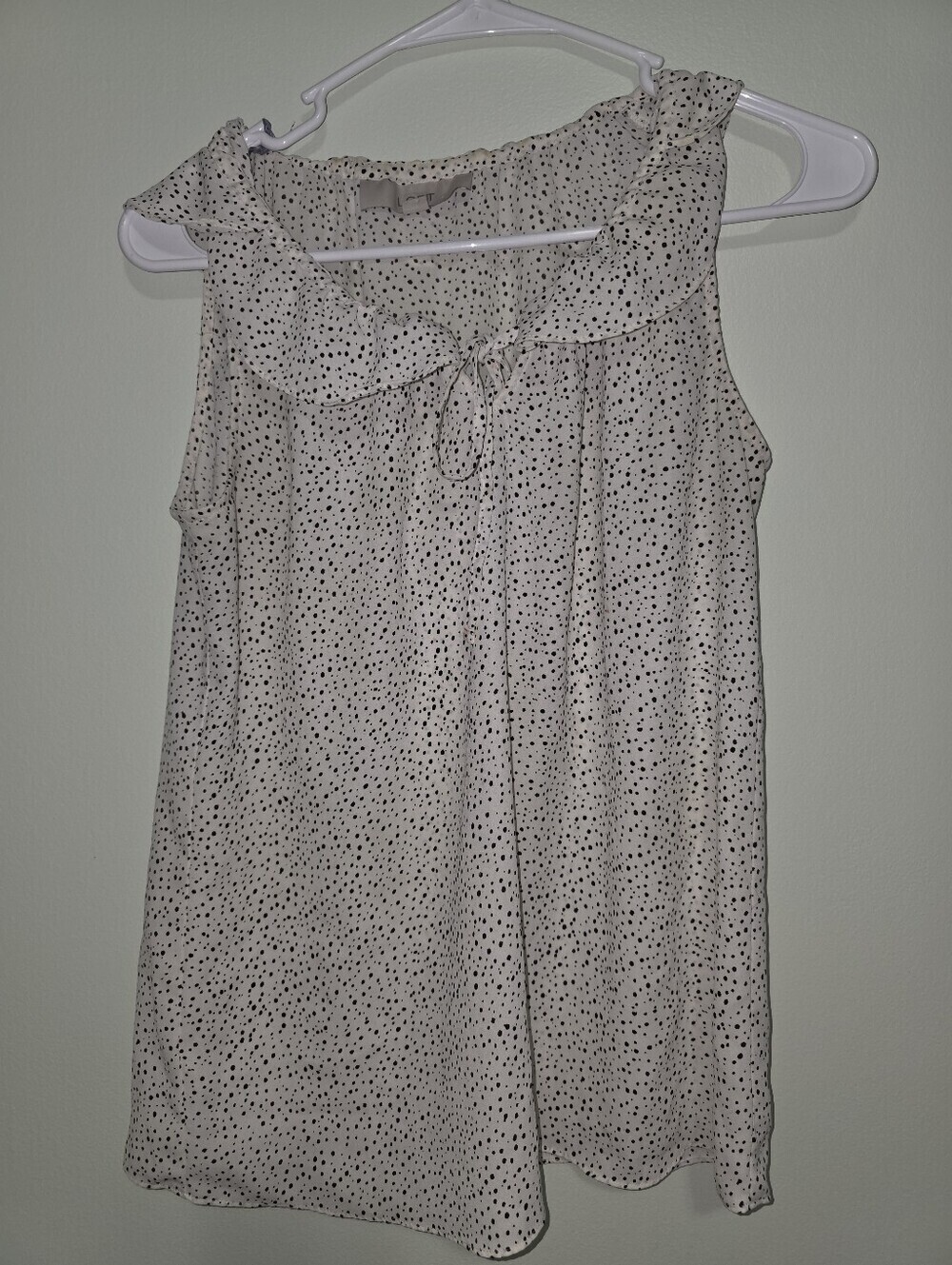 LOFT Cream Polka Dot Sleeveless Ruffle Tie Neck Top